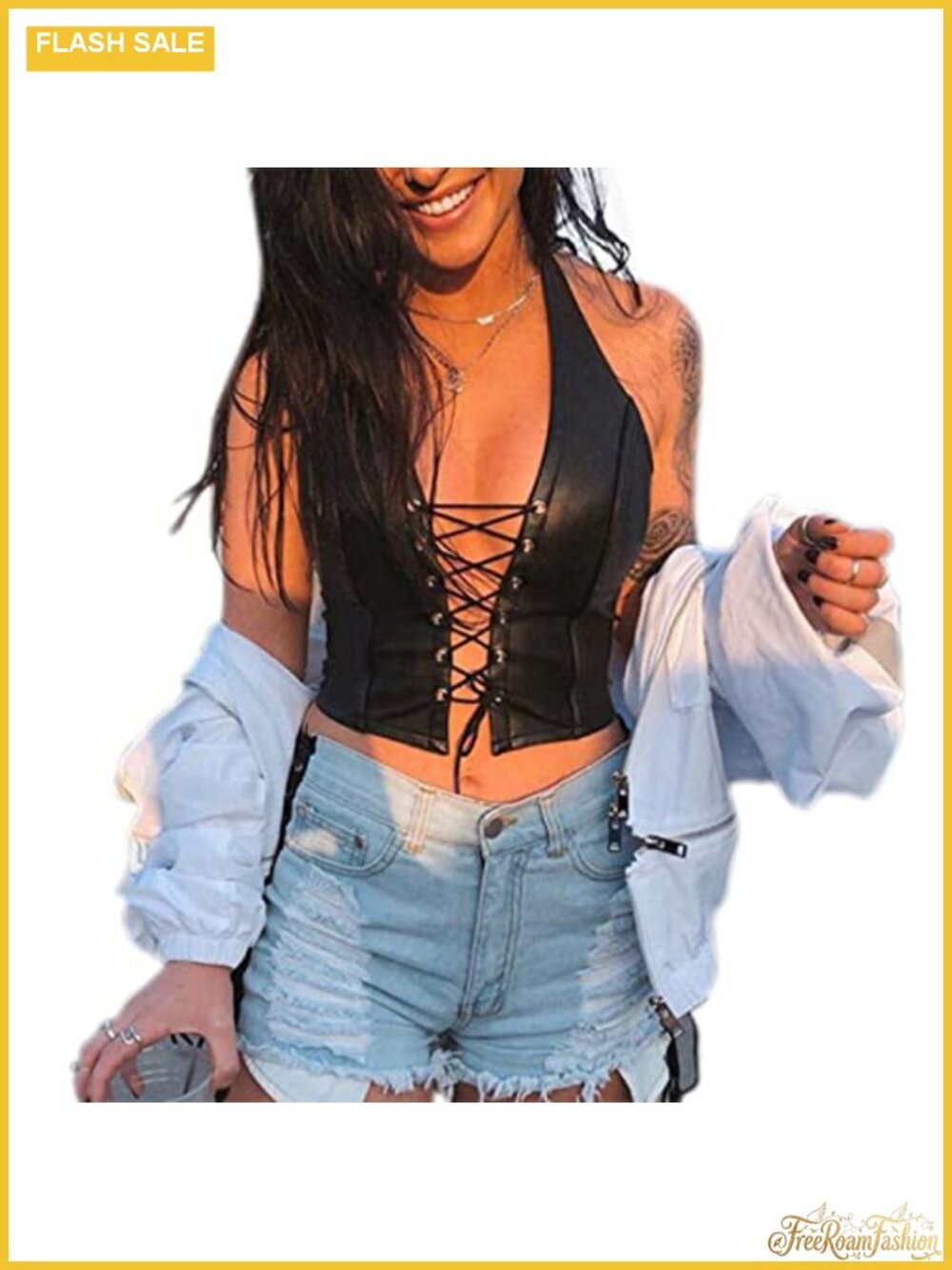 PU Leather Corset Top Adjustable Spaghetti Straps Bustier Crop Top Rave Club